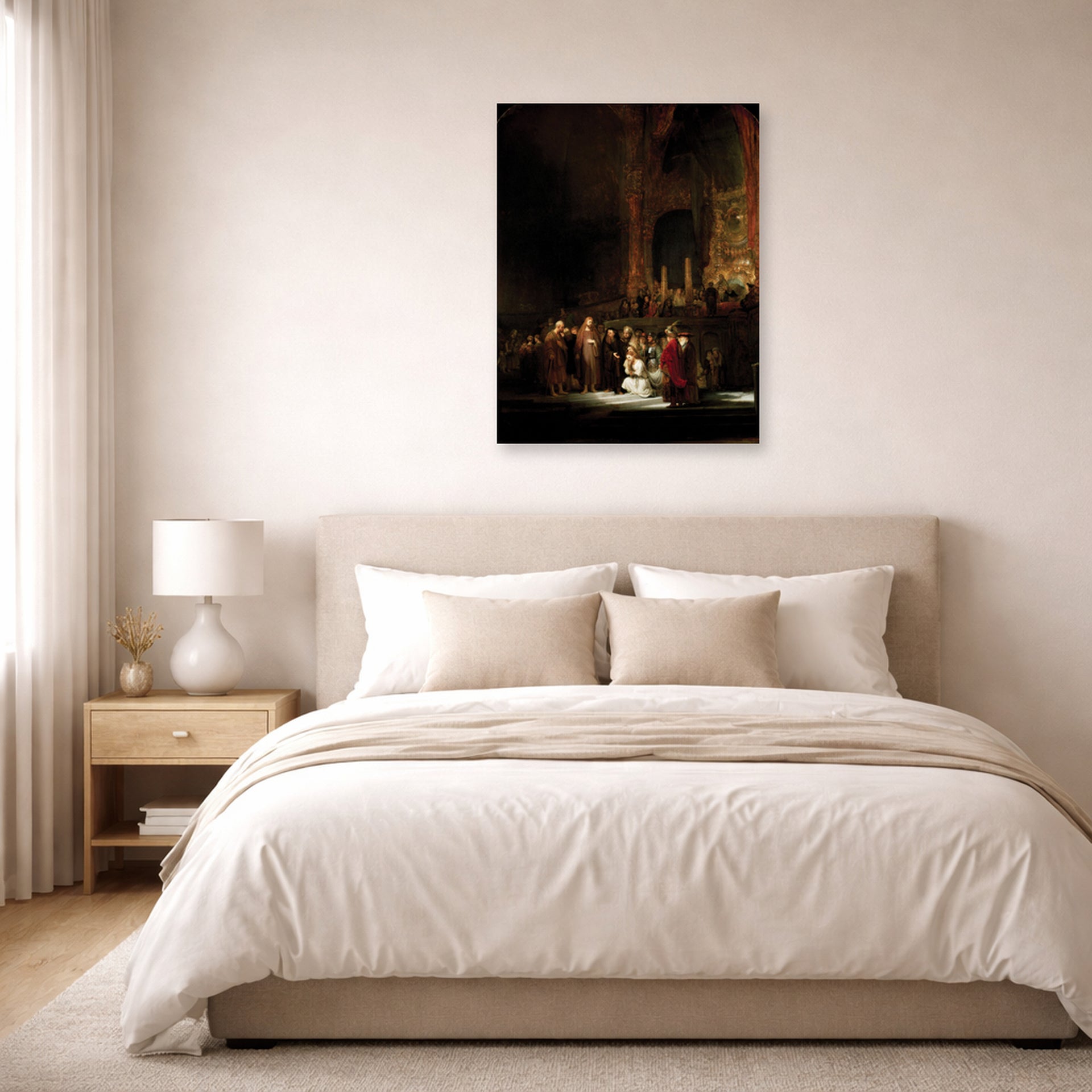 Unframed poster print of Rembrandt's The Woman Taken in Adultery displayed on a wall in a bedroom
