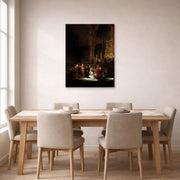 Unframed poster print of Rembrandt's The Woman Taken in Adultery displayed on a wall in a dining room