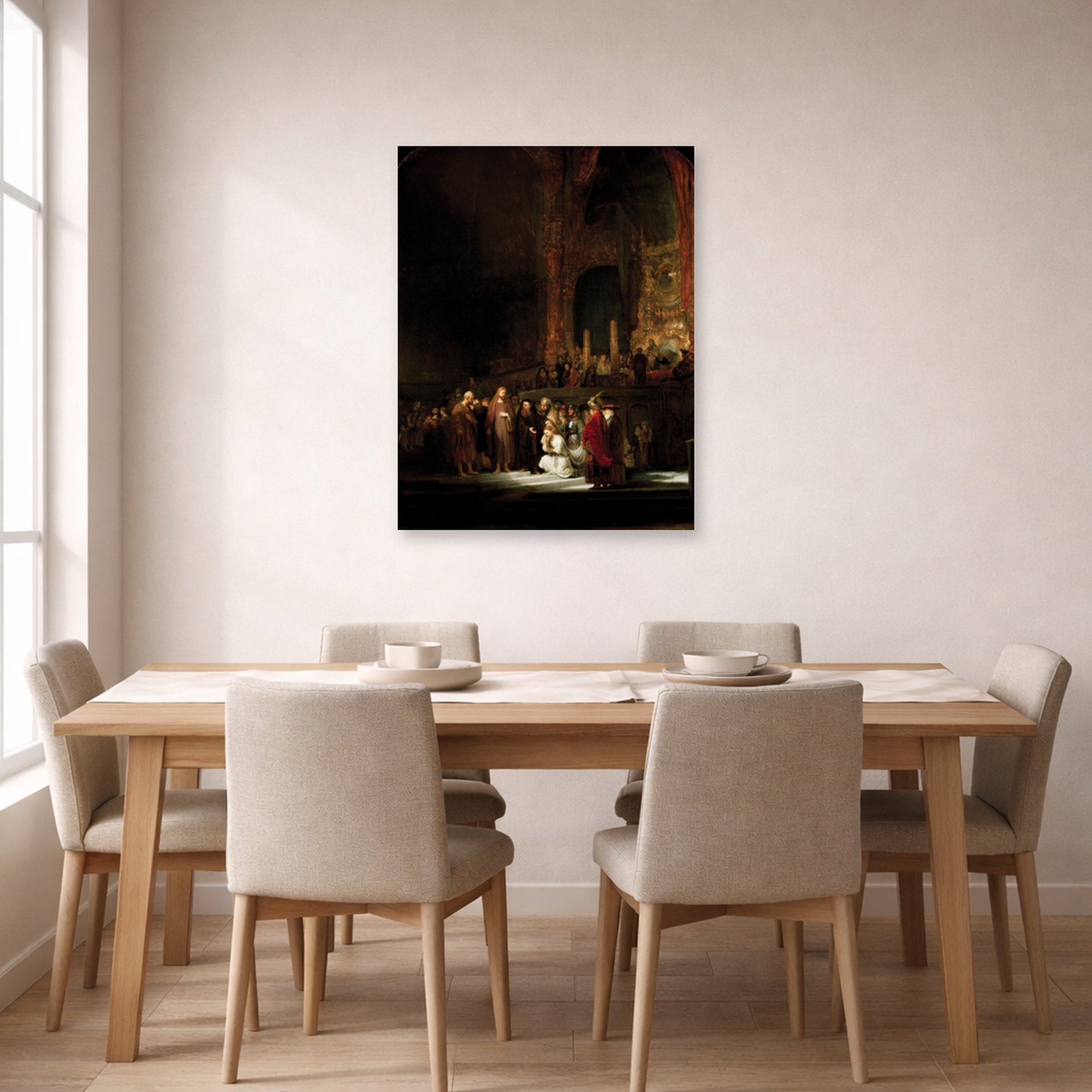 Unframed poster print of Rembrandt's The Woman Taken in Adultery displayed on a wall in a dining room