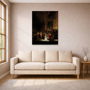 Unframed poster print of Rembrandt's The Woman Taken in Adultery displayed on a wall in a living room