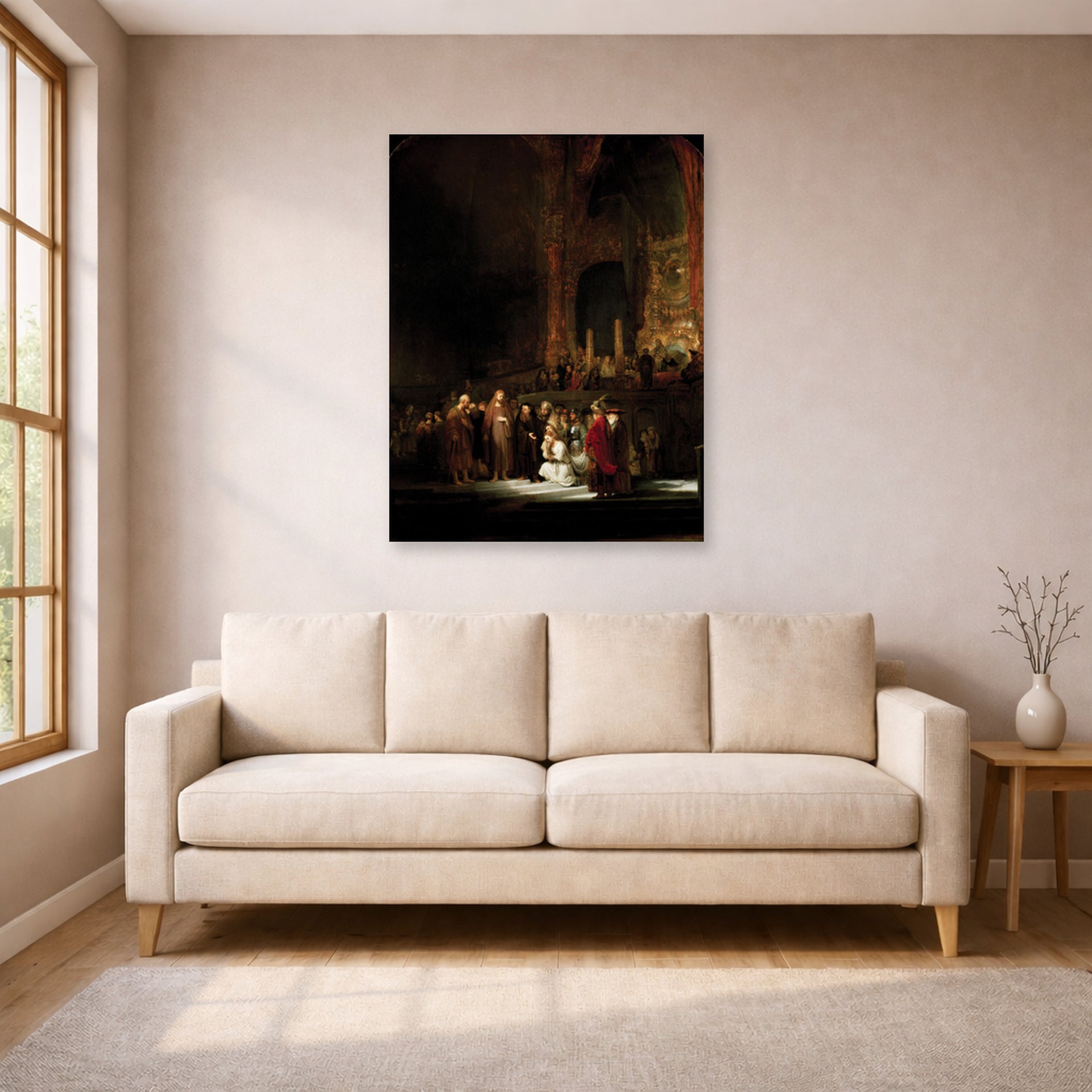 Unframed poster print of Rembrandt's The Woman Taken in Adultery displayed on a wall in a living room