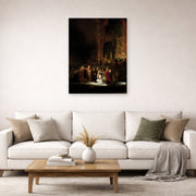 Unframed poster print of Rembrandt's The Woman Taken in Adultery displayed on a wall in a living room