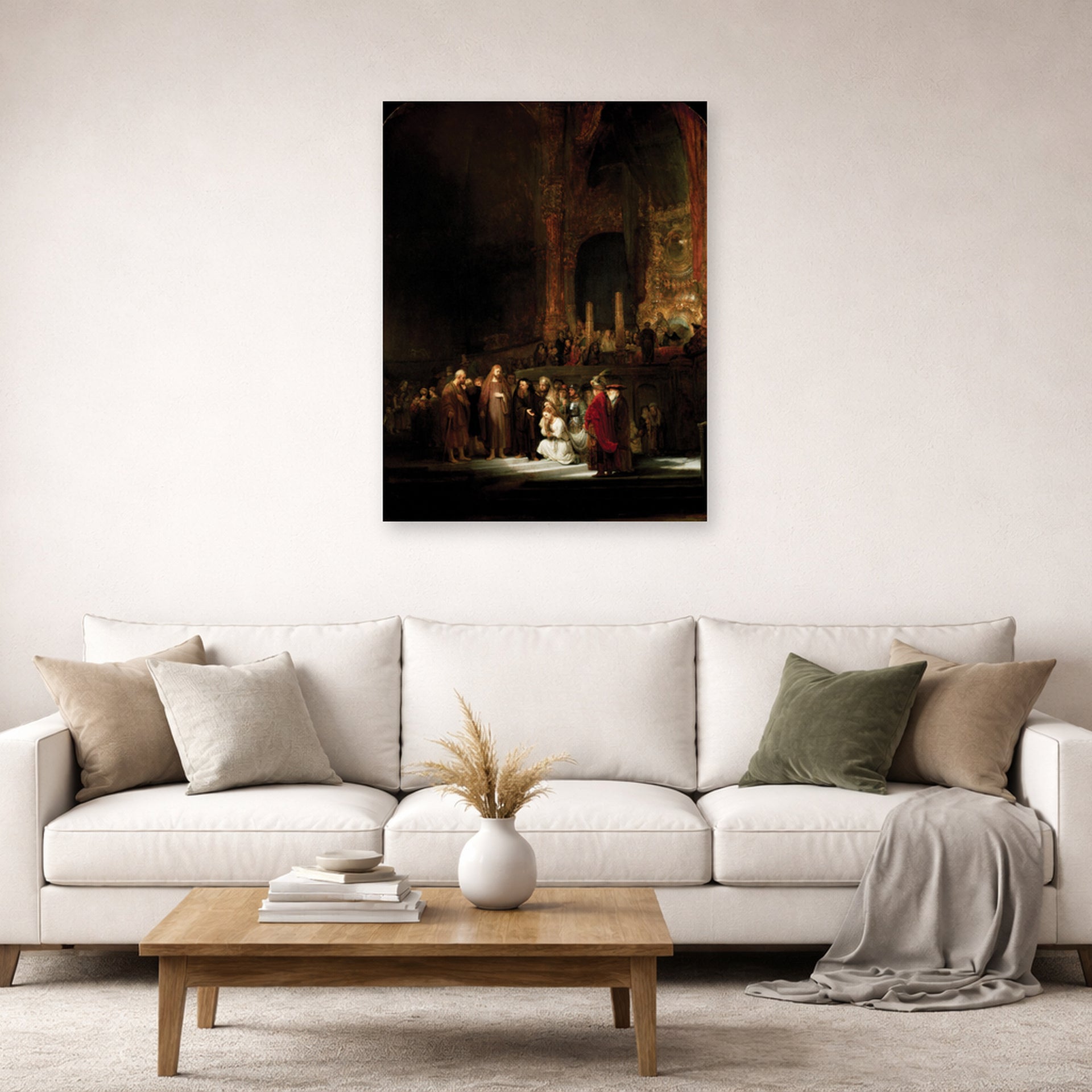 Unframed poster print of Rembrandt's The Woman Taken in Adultery displayed on a wall in a living room