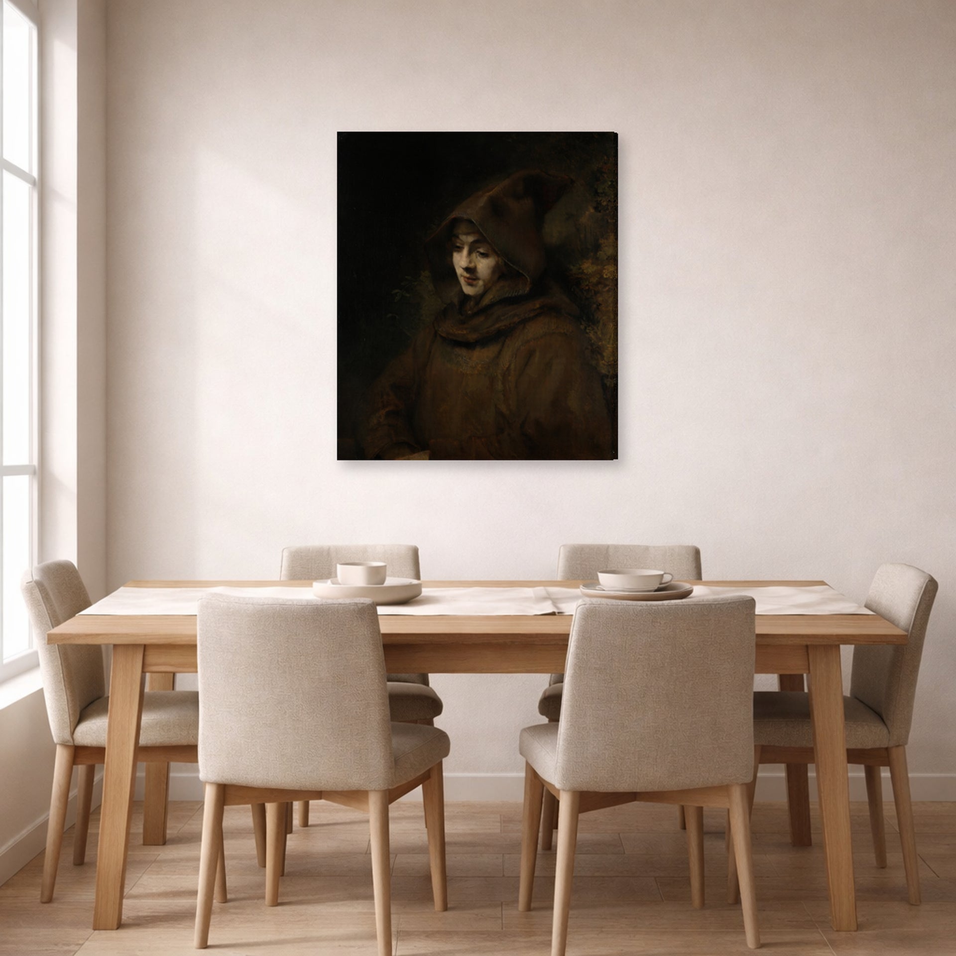 Gallery-wrapped canvas print of Rembrandt's Titus in a Monk's Habit displayed on a wall in a dining room