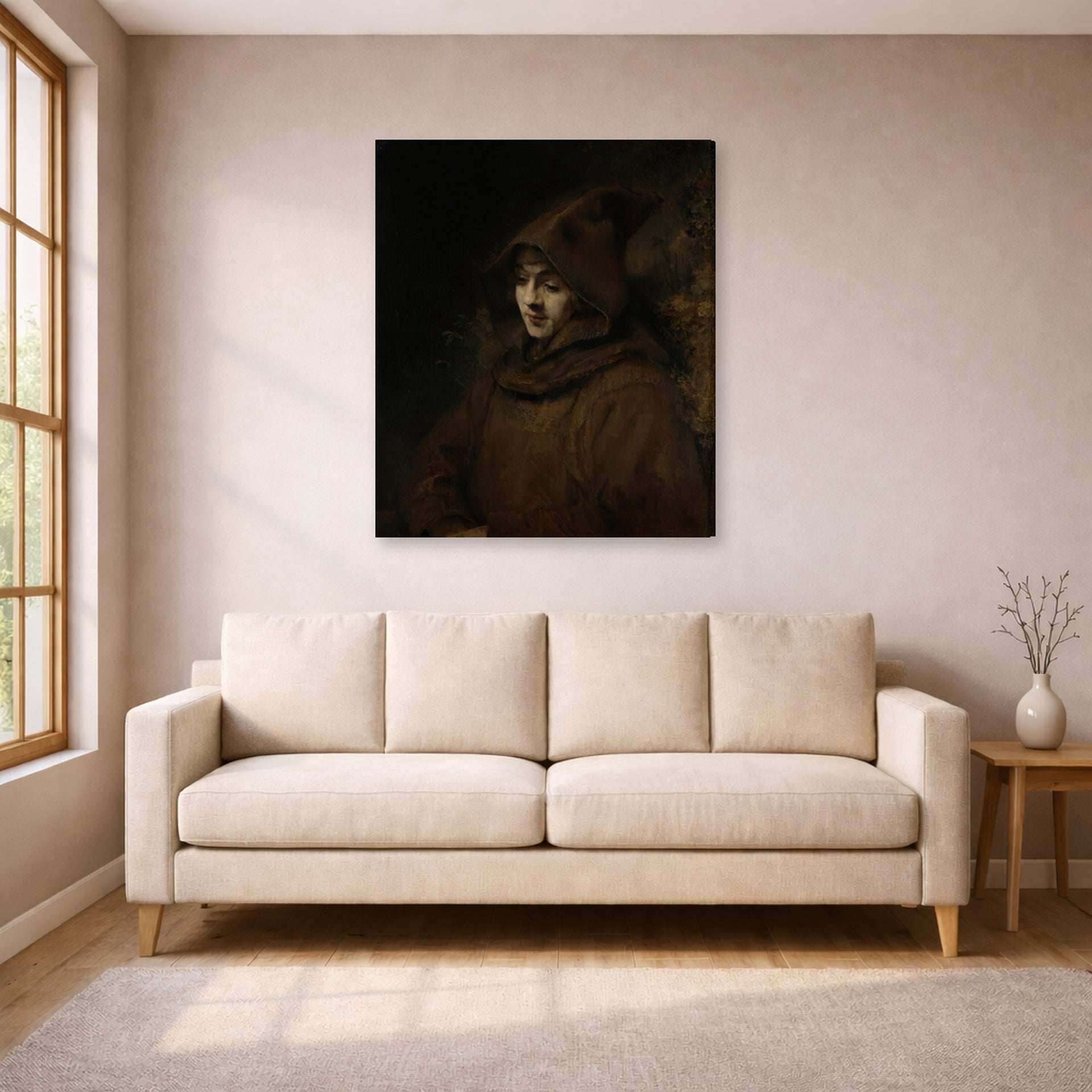 Gallery-wrapped canvas print of Rembrandt's Titus in a Monk's Habit displayed on a wall in a living room