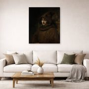 Gallery-wrapped canvas print of Rembrandt's Titus in a Monk's Habit displayed on a wall in a living room