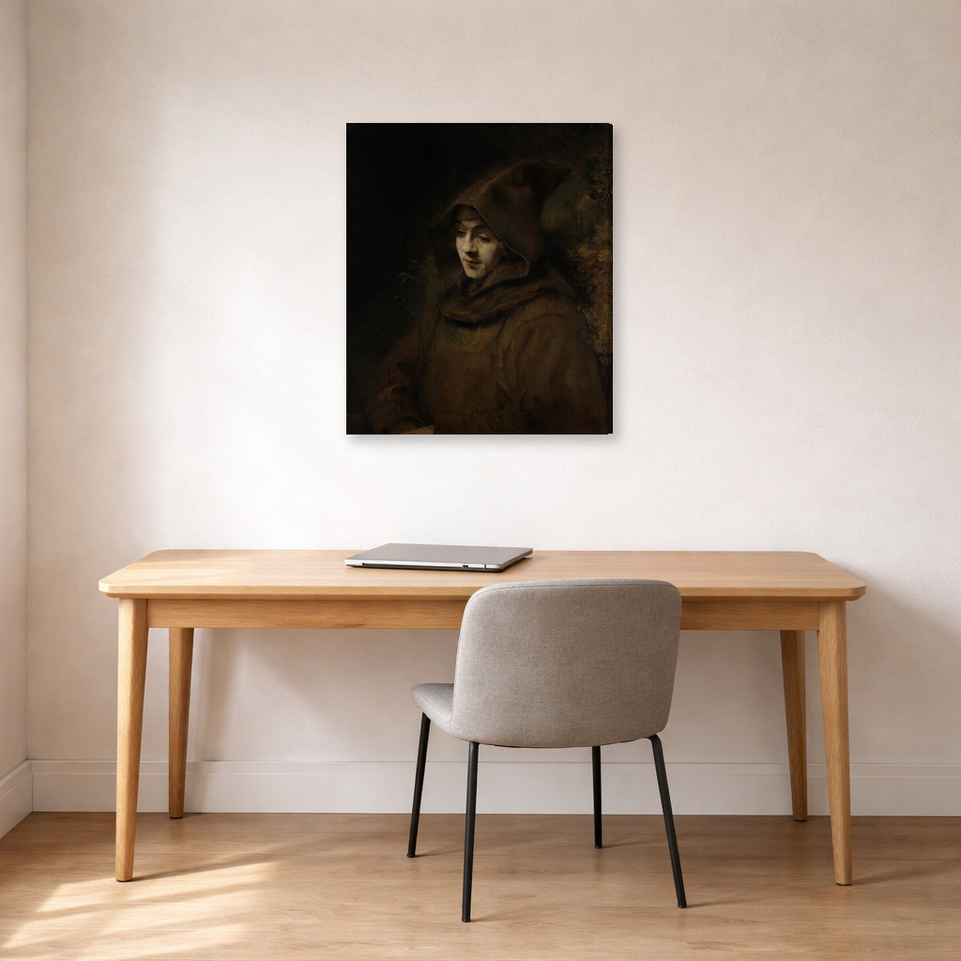 Gallery-wrapped canvas print of Rembrandt's Titus in a Monk's Habit displayed on a wall in an office