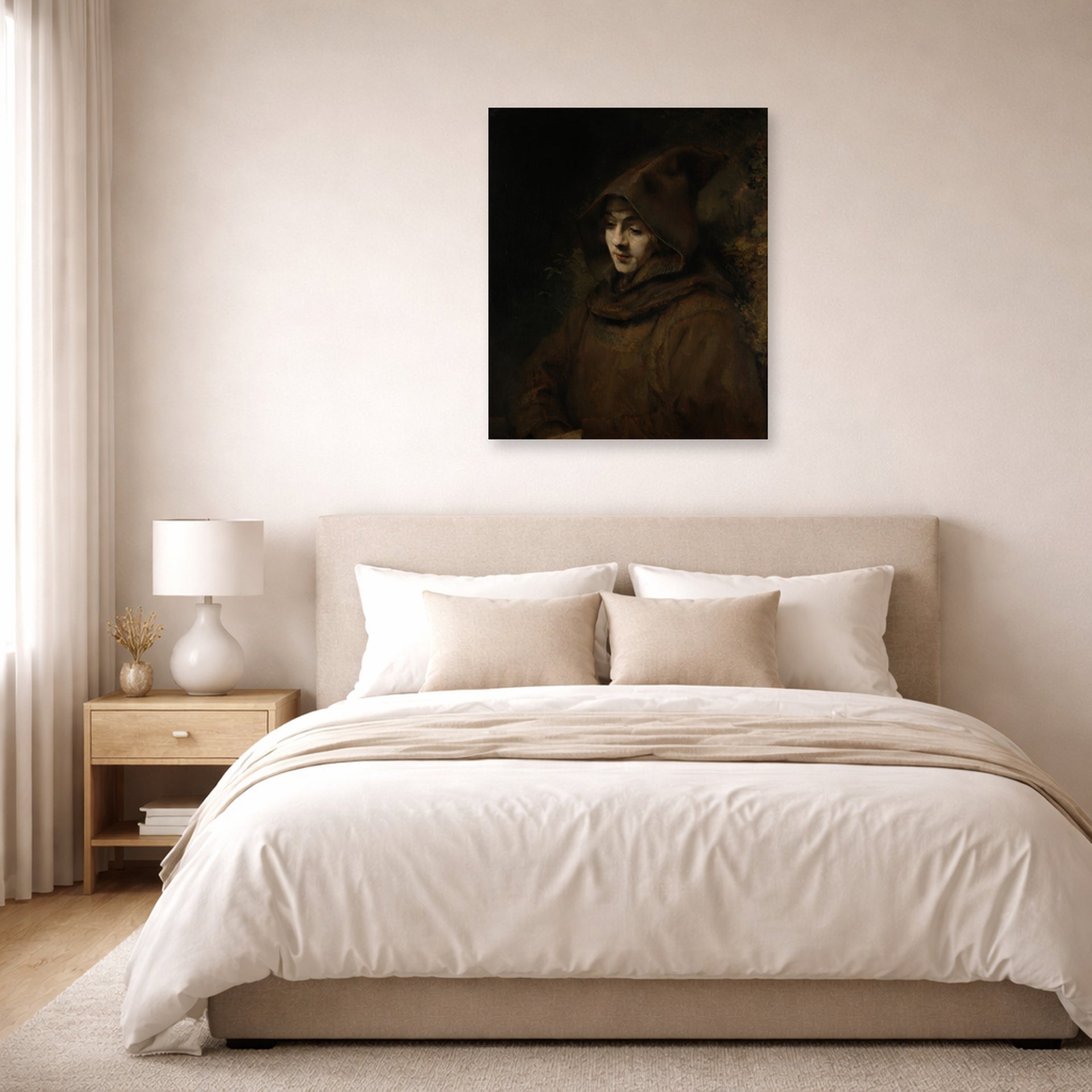Unframed poster print of Rembrandt's Titus in a Monk's Habit displayed on a wall in a bedroom