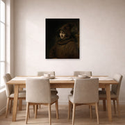 Unframed poster print of Rembrandt's Titus in a Monk's Habit displayed on a wall in a dining room