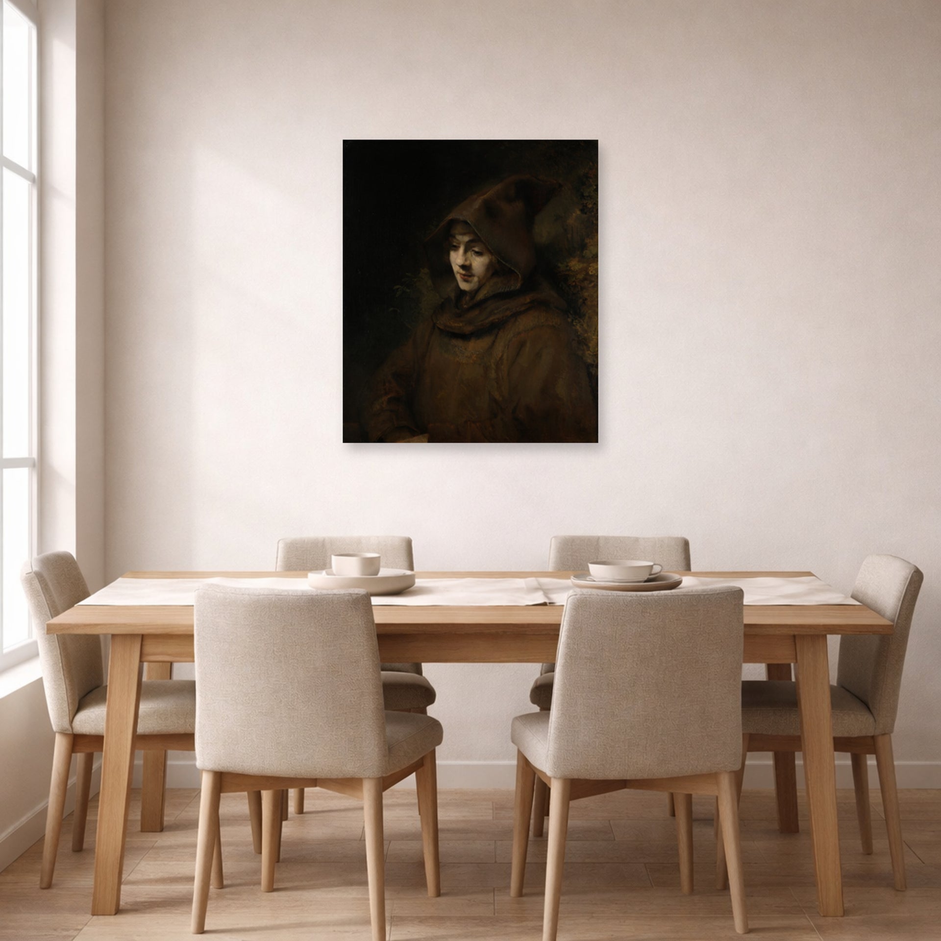 Unframed poster print of Rembrandt's Titus in a Monk's Habit displayed on a wall in a dining room