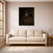 Unframed poster print of Rembrandt's Titus in a Monk's Habit displayed on a wall in a living room
