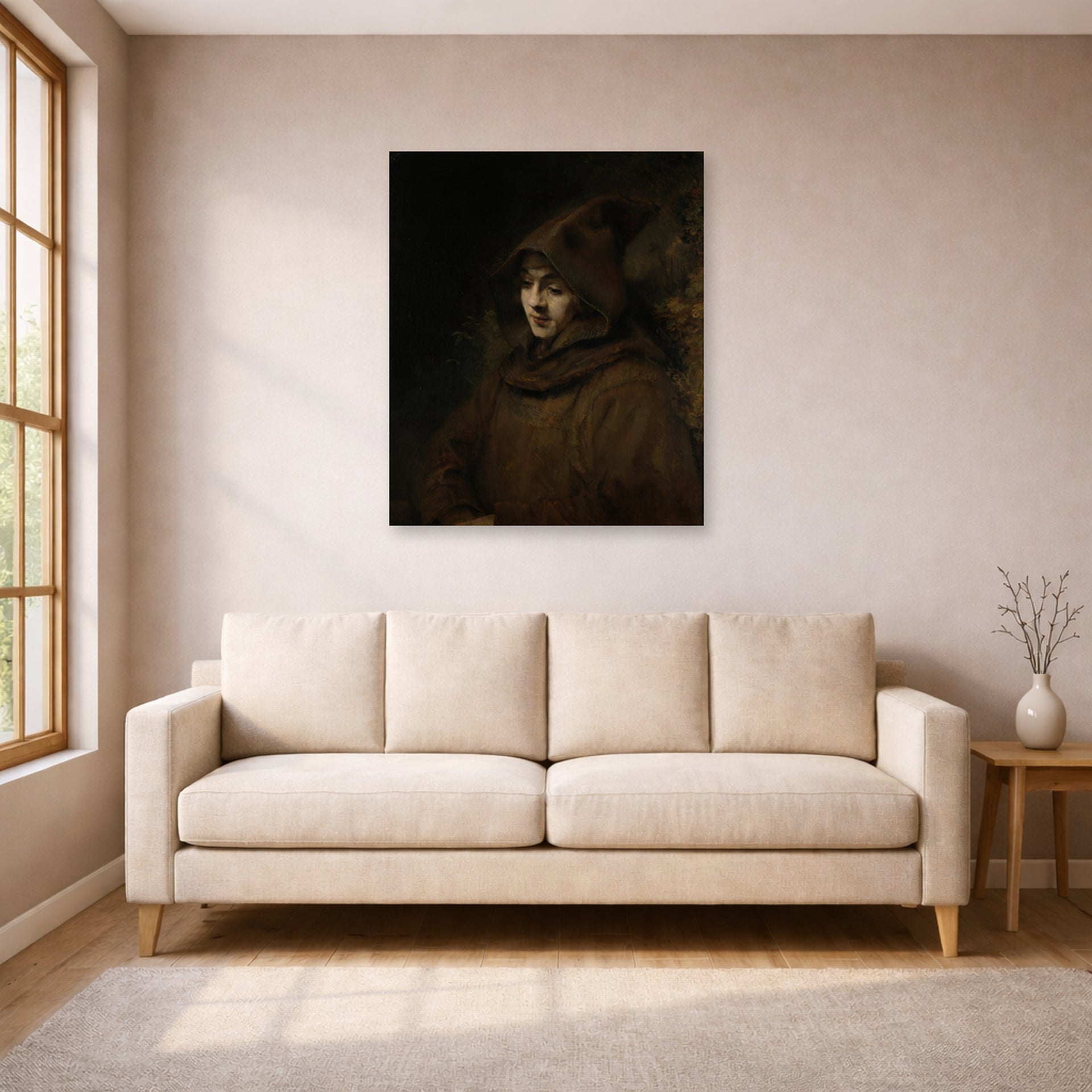 Unframed poster print of Rembrandt's Titus in a Monk's Habit displayed on a wall in a living room