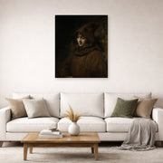 Unframed poster print of Rembrandt's Titus in a Monk's Habit displayed on a wall in a living room