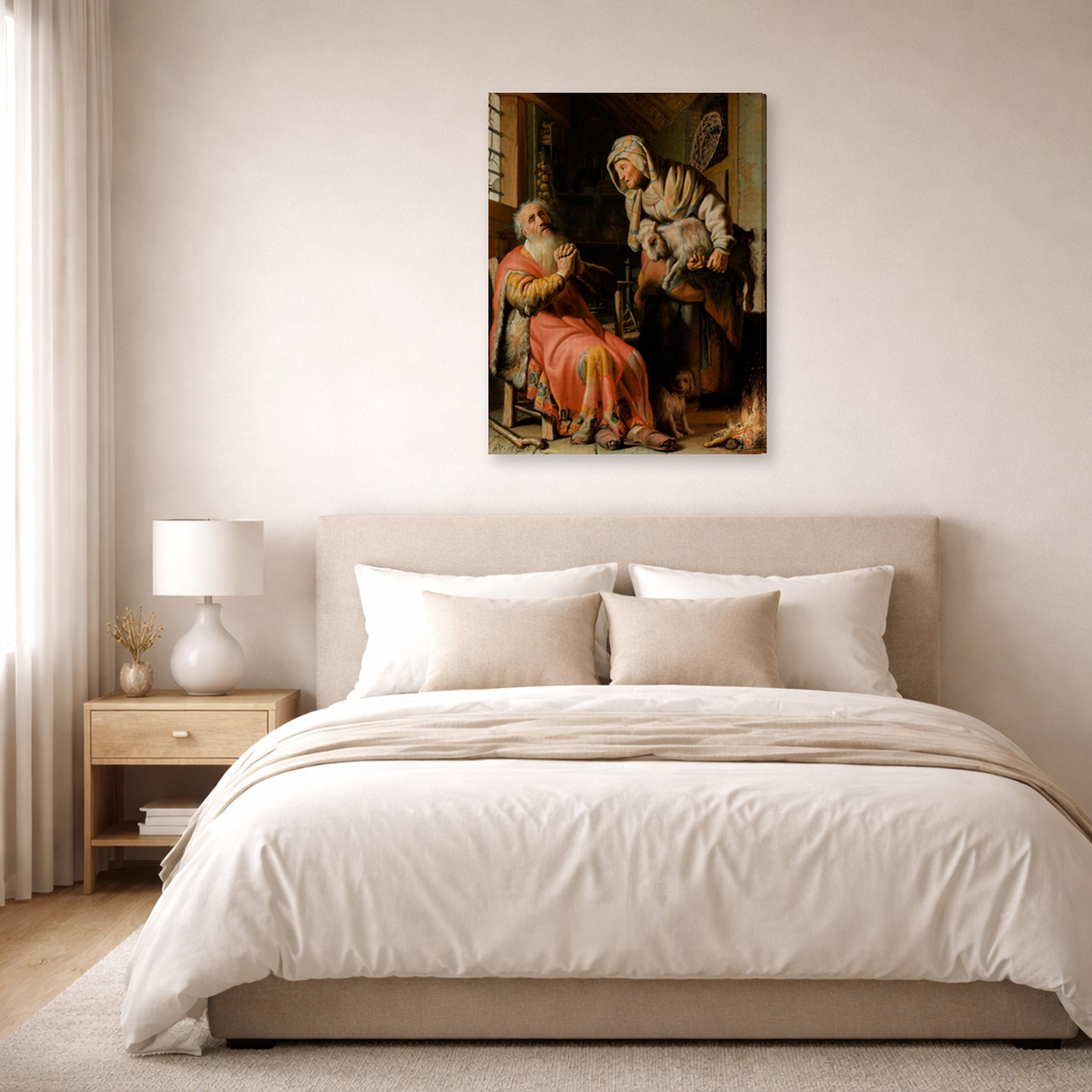 Gallery-wrapped canvas print of Rembrandt's Tobit and Anna with the Kid displayed on a wall in a bedroom