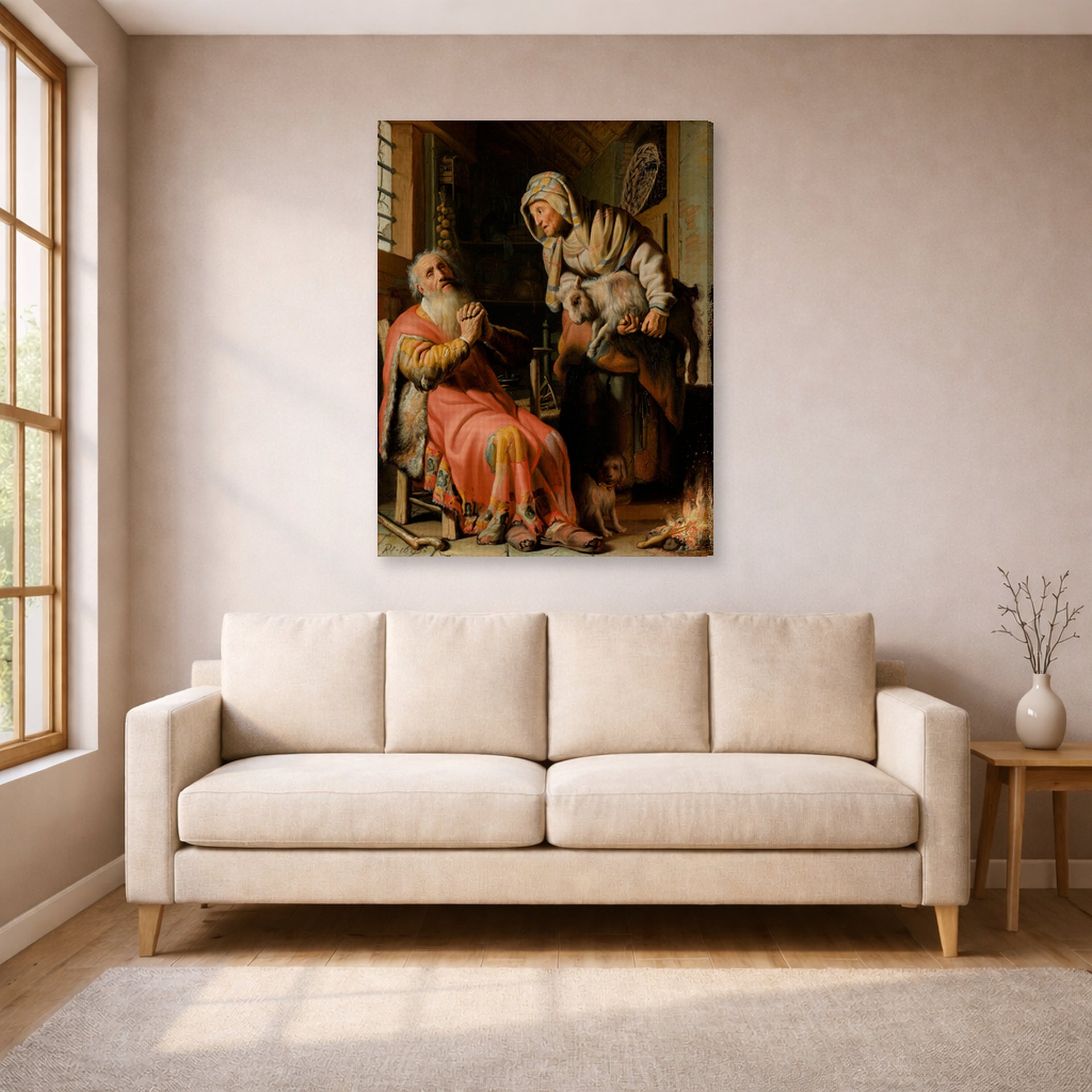 Gallery-wrapped canvas print of Rembrandt's Tobit and Anna with the Kid displayed on a wall in a living room