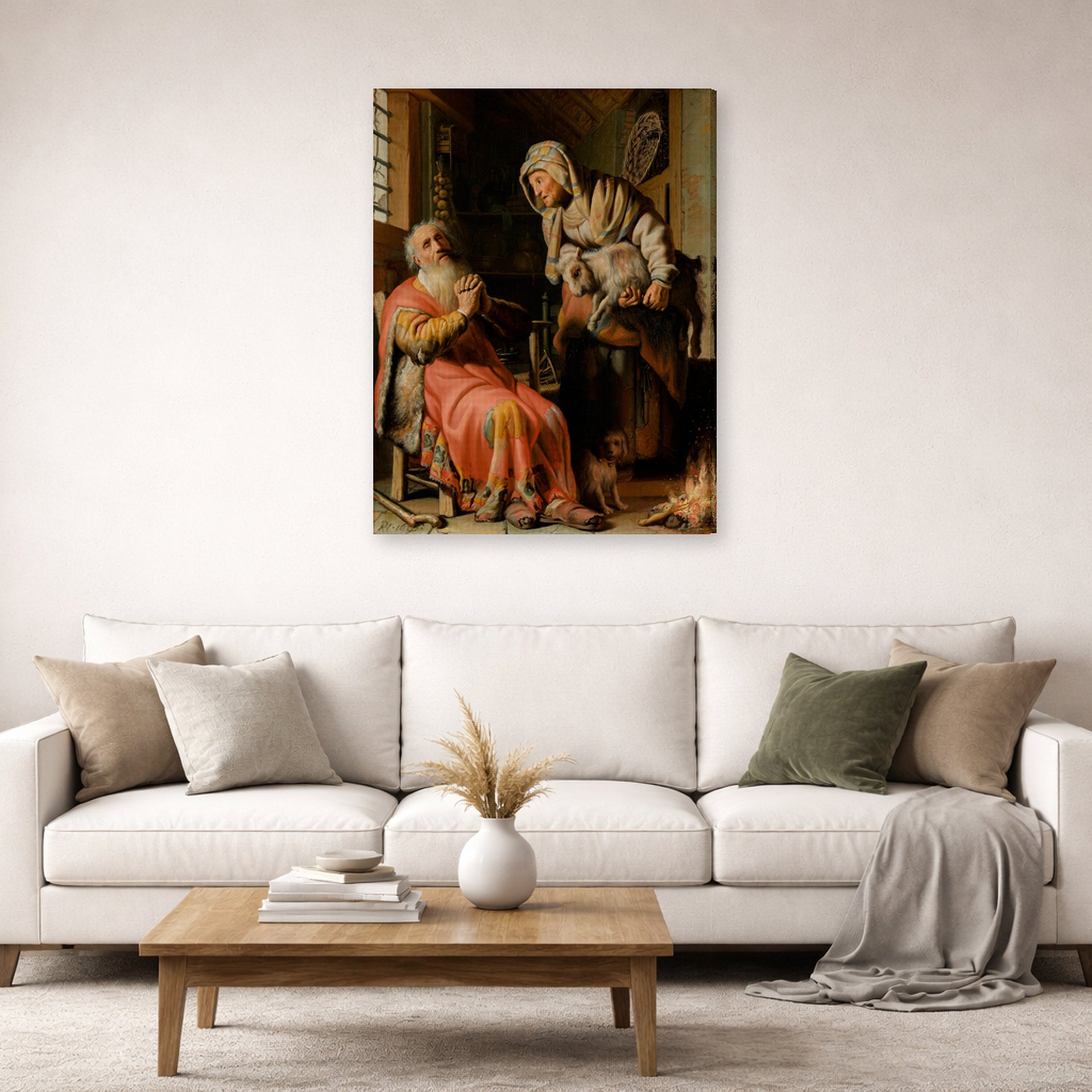 Gallery-wrapped canvas print of Rembrandt's Tobit and Anna with the Kid displayed on a wall in a living room