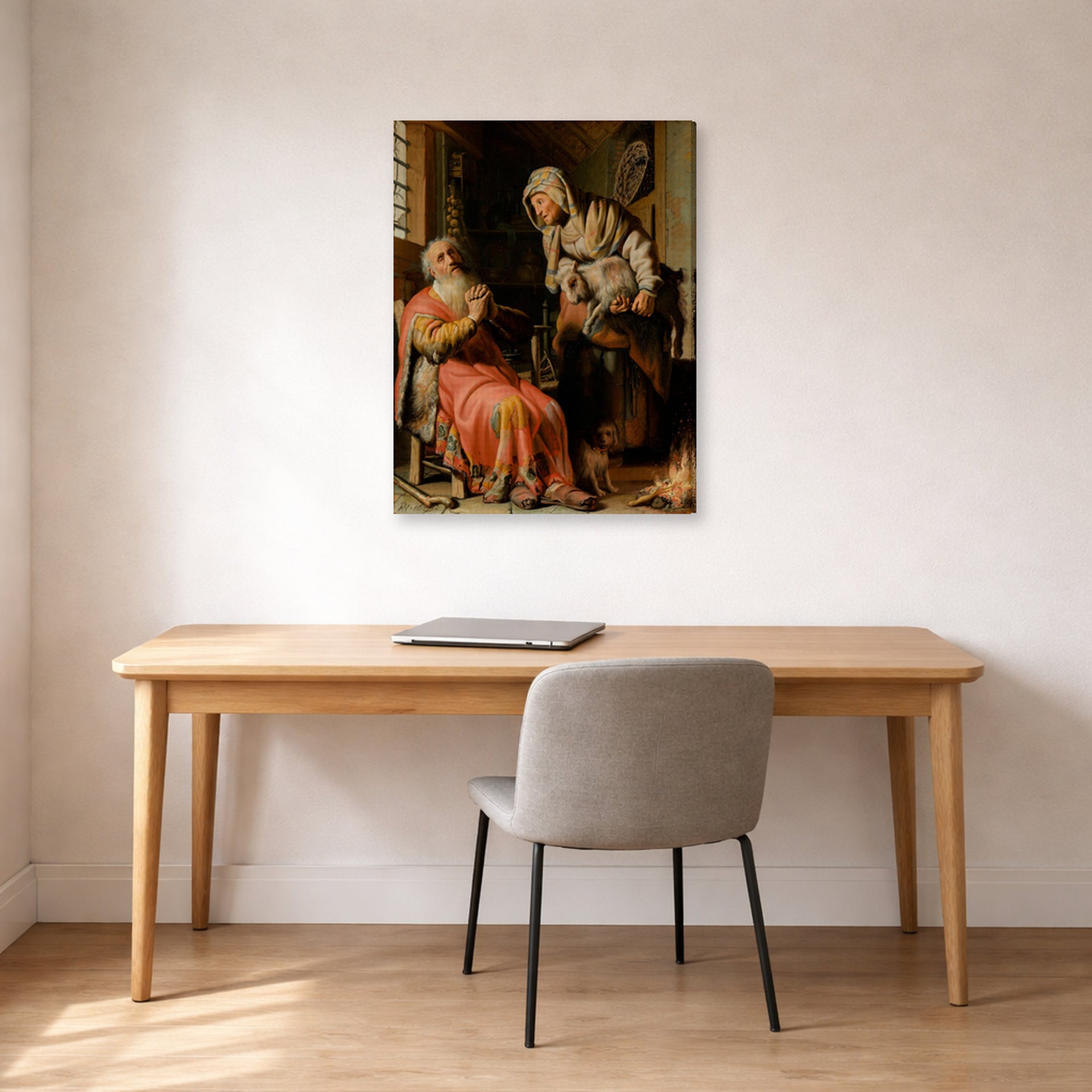 Gallery-wrapped canvas print of Rembrandt's Tobit and Anna with the Kid displayed on a wall in an office