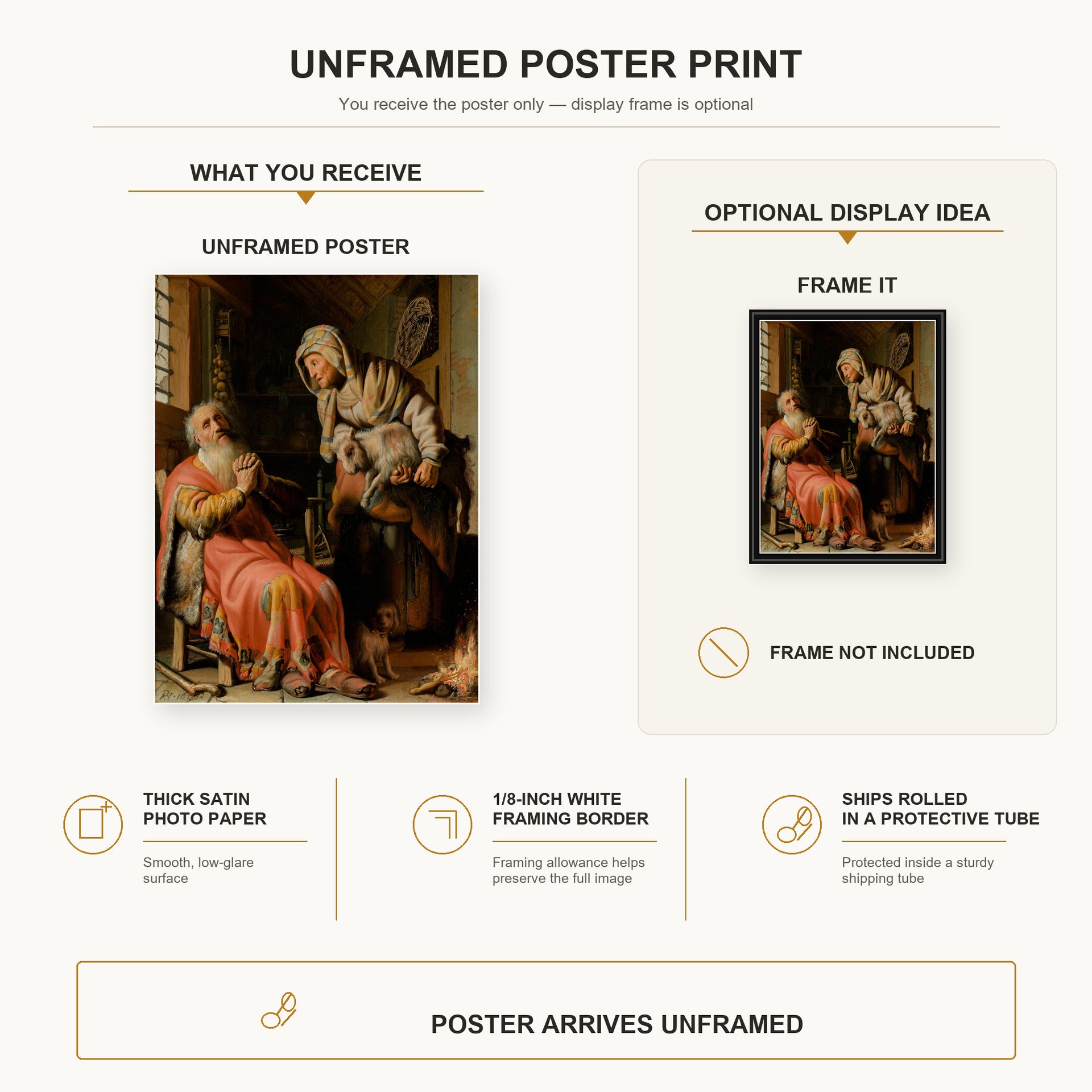 Rembrandt - Tobit and Anna with the Kid poster print size comparison and framing display infographic