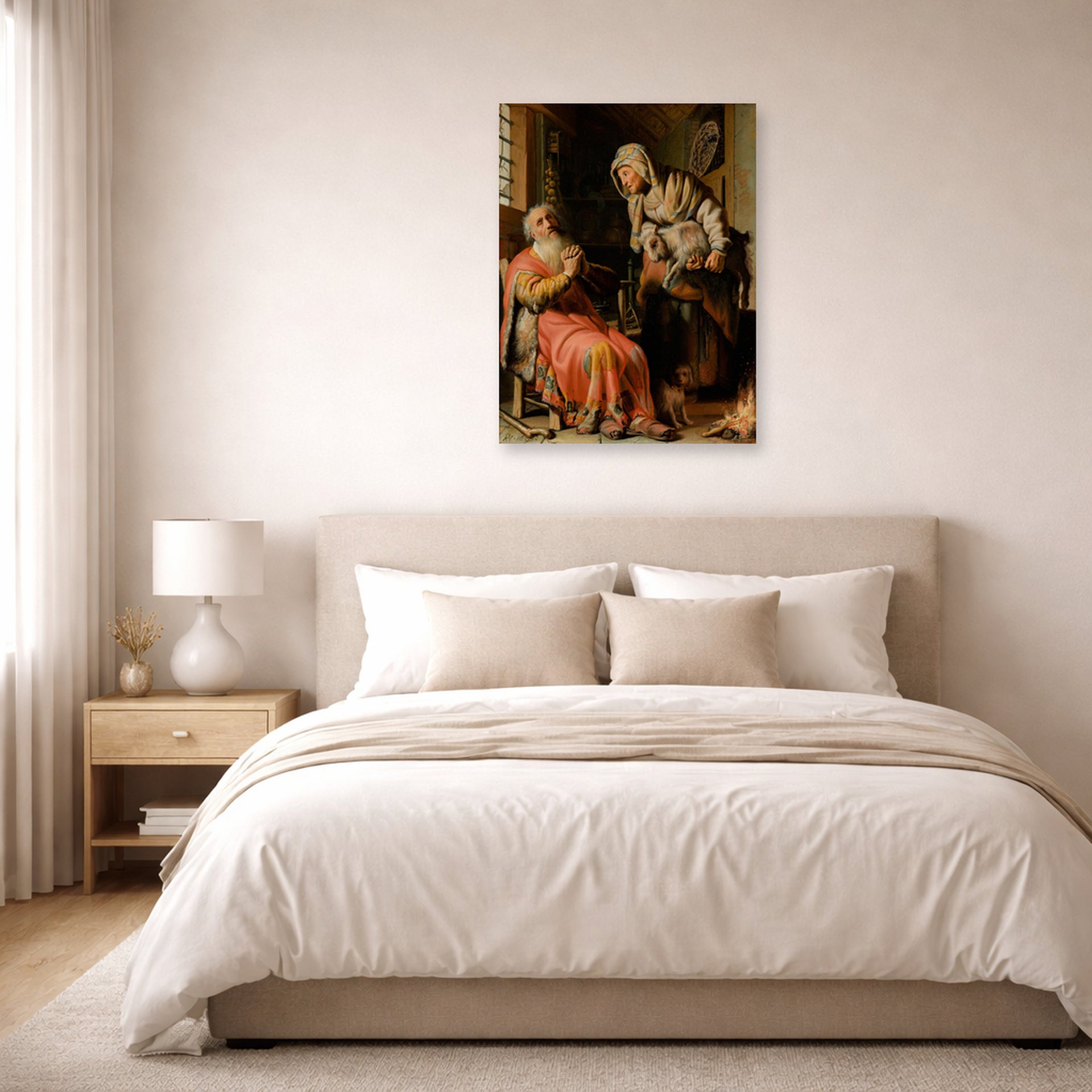 Unframed poster print of Rembrandt's Tobit and Anna with the Kid displayed on a wall in a bedroom