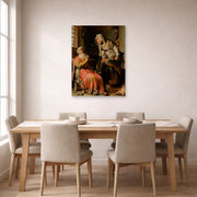 Unframed poster print of Rembrandt's Tobit and Anna with the Kid displayed on a wall in a dining room