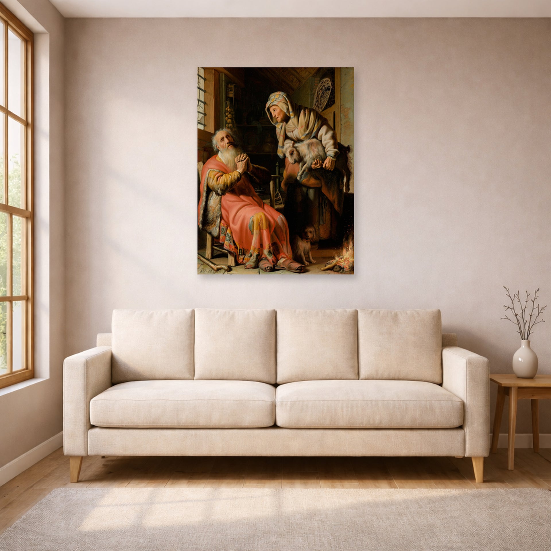 Unframed poster print of Rembrandt's Tobit and Anna with the Kid displayed on a wall in a living room