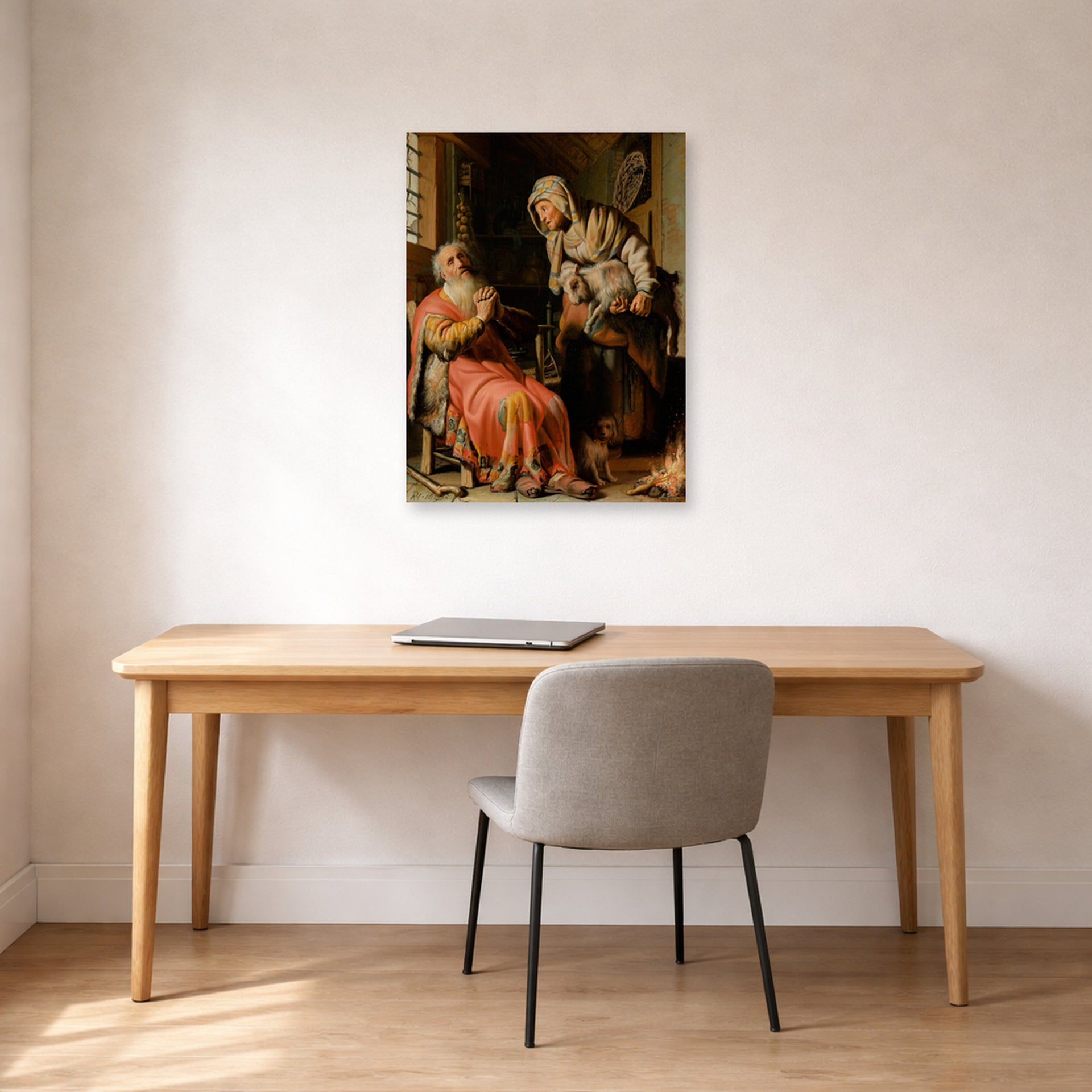 Unframed poster print of Rembrandt's Tobit and Anna with the Kid displayed on a wall in an office