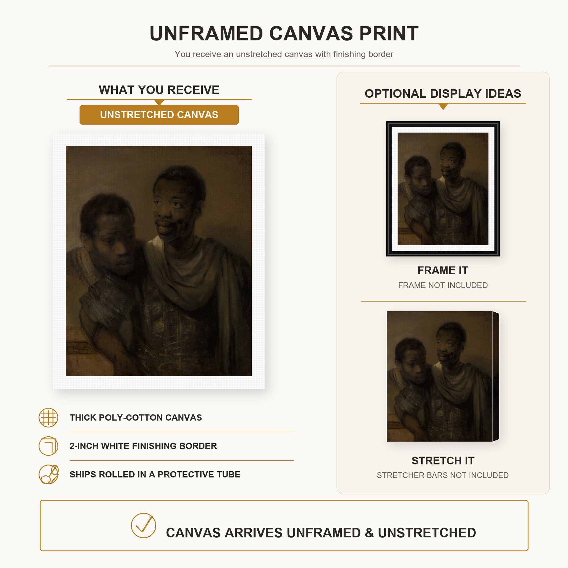 Rembrandt - Two Moors canvas print size comparison and framing display infographic