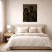 Gallery-wrapped canvas print of Rembrandt's Two Moors displayed on a wall in a bedroom
