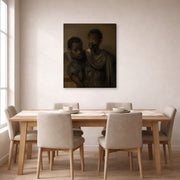 Gallery-wrapped canvas print of Rembrandt's Two Moors displayed on a wall in a dining room