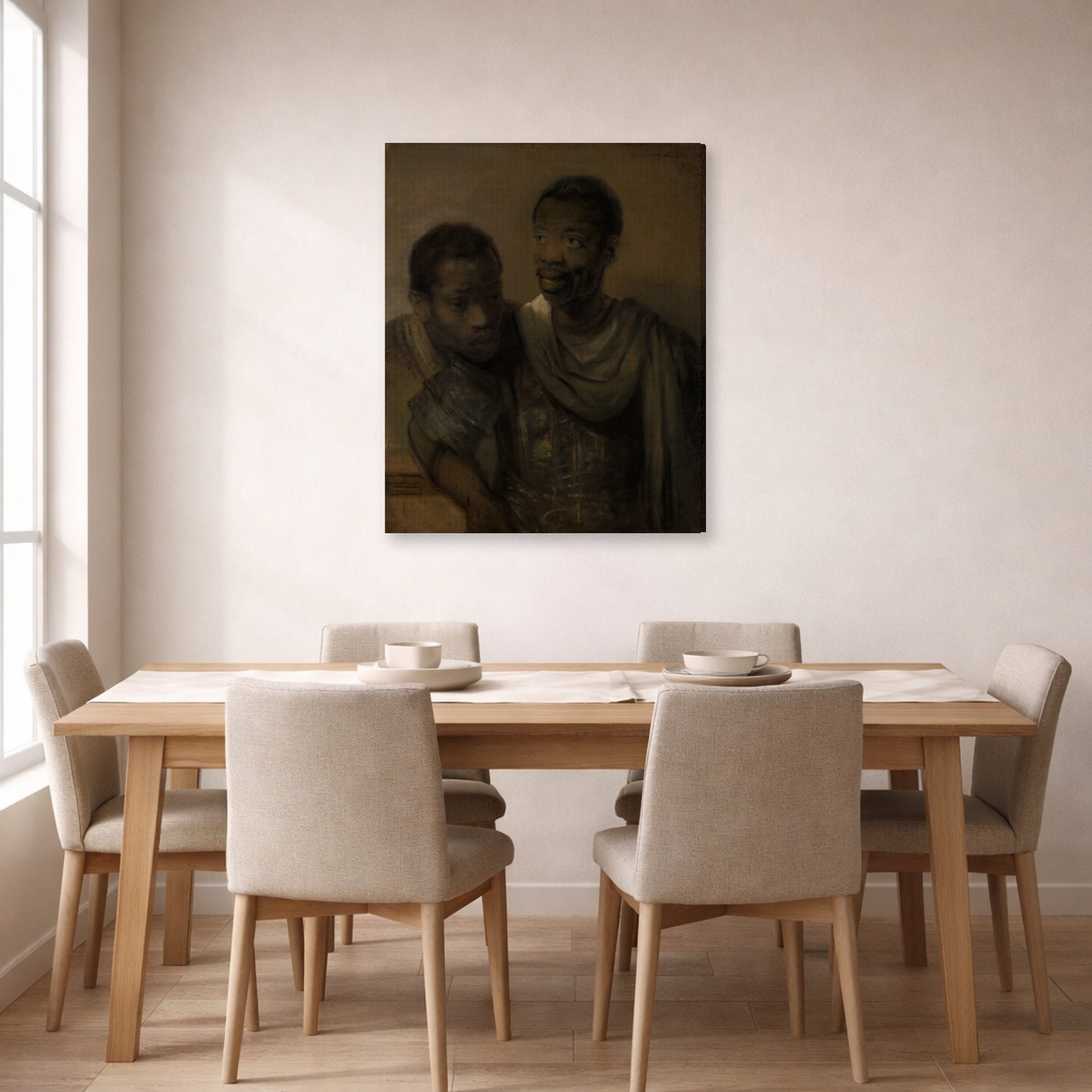 Gallery-wrapped canvas print of Rembrandt's Two Moors displayed on a wall in a dining room