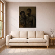 Gallery-wrapped canvas print of Rembrandt's Two Moors displayed on a wall in a living room
