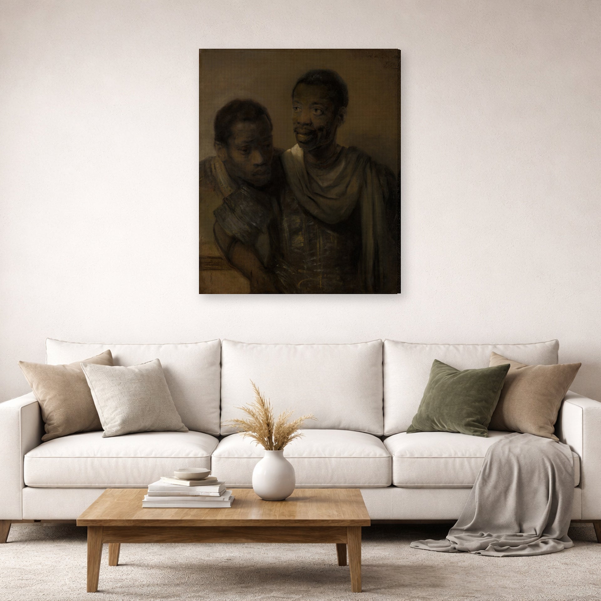 Gallery-wrapped canvas print of Rembrandt's Two Moors displayed on a wall in a living room