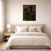Unframed poster print of Rembrandt's Two Moors displayed on a wall in a bedroom