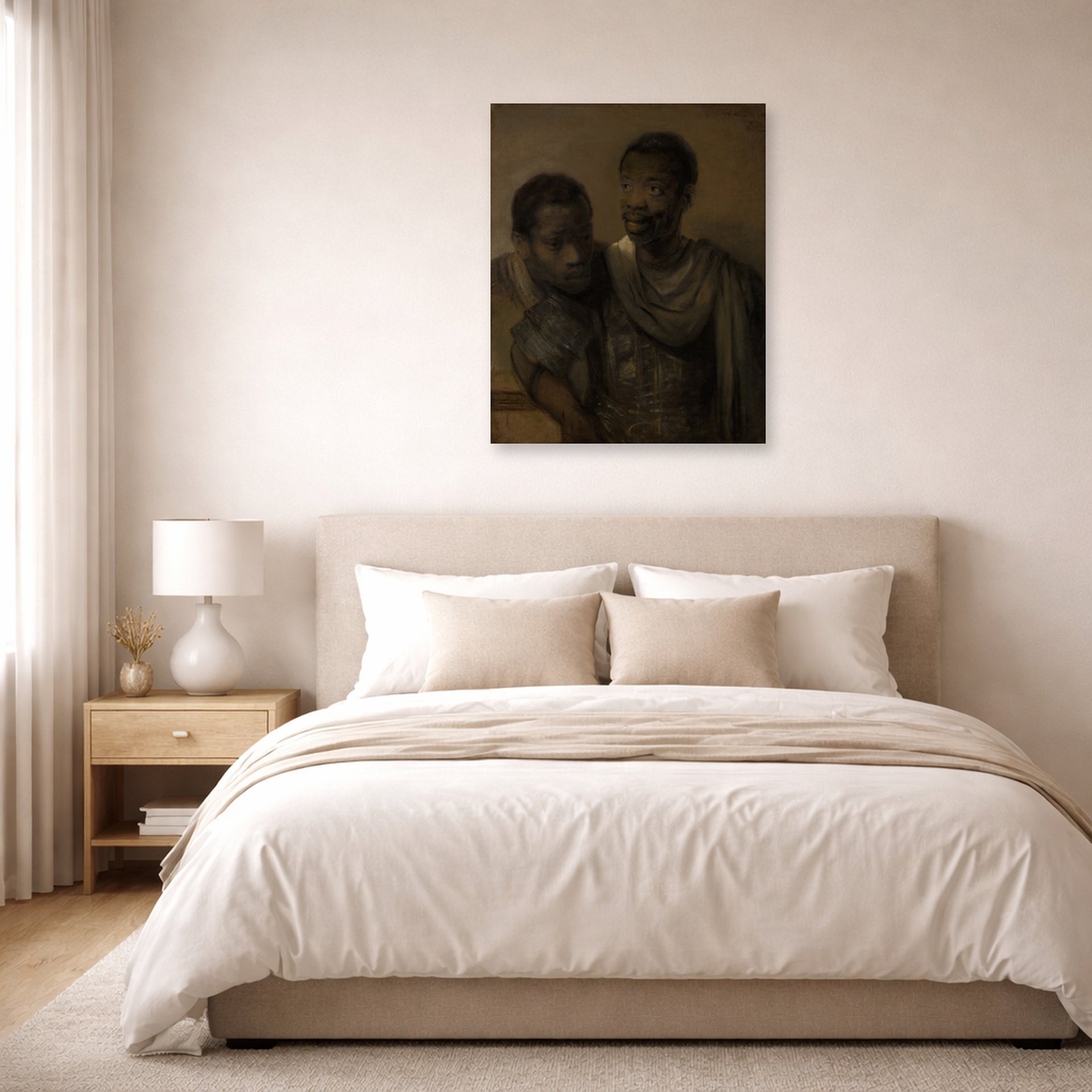 Unframed poster print of Rembrandt's Two Moors displayed on a wall in a bedroom