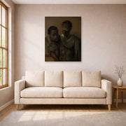 Unframed poster print of Rembrandt's Two Moors displayed on a wall in a living room