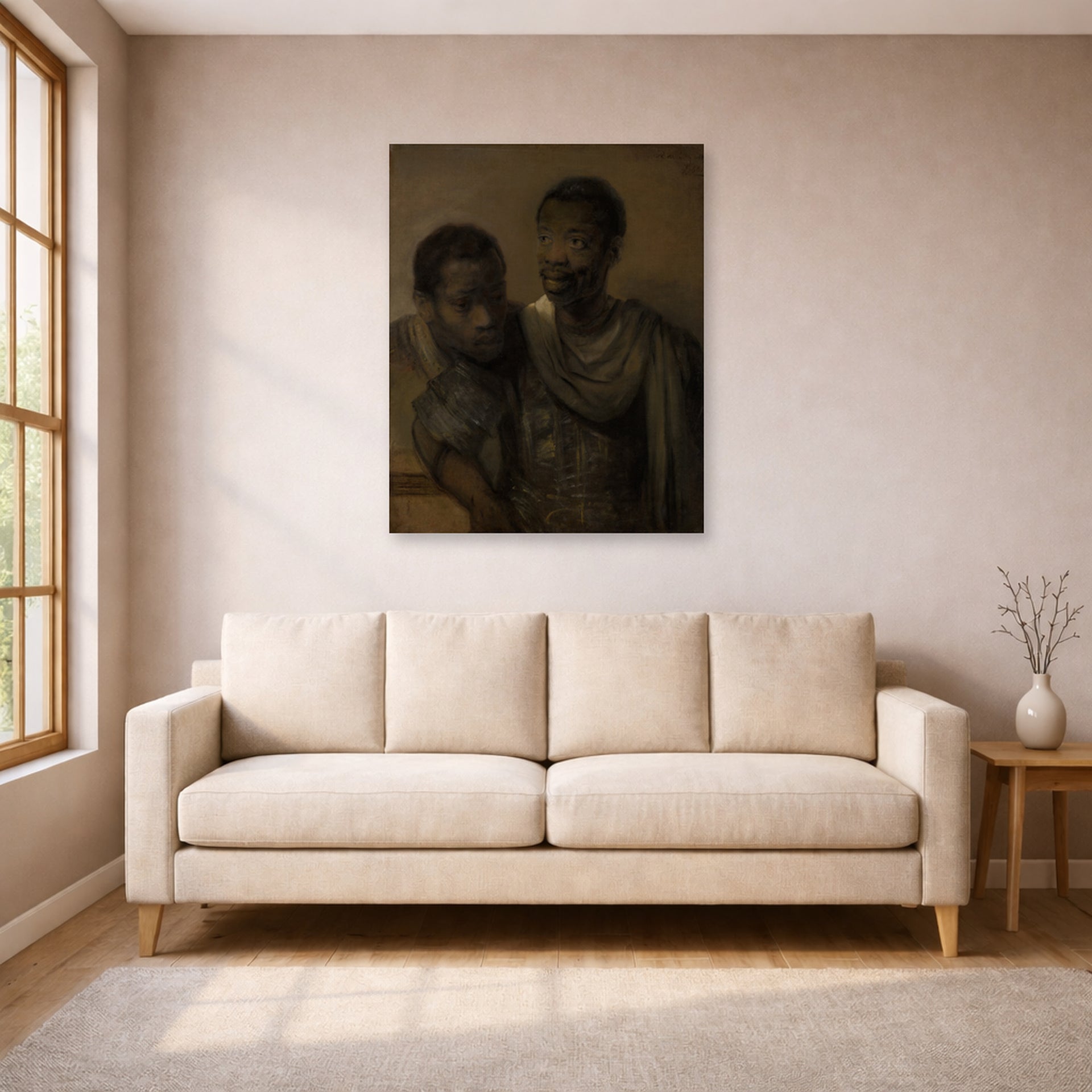 Unframed poster print of Rembrandt's Two Moors displayed on a wall in a living room