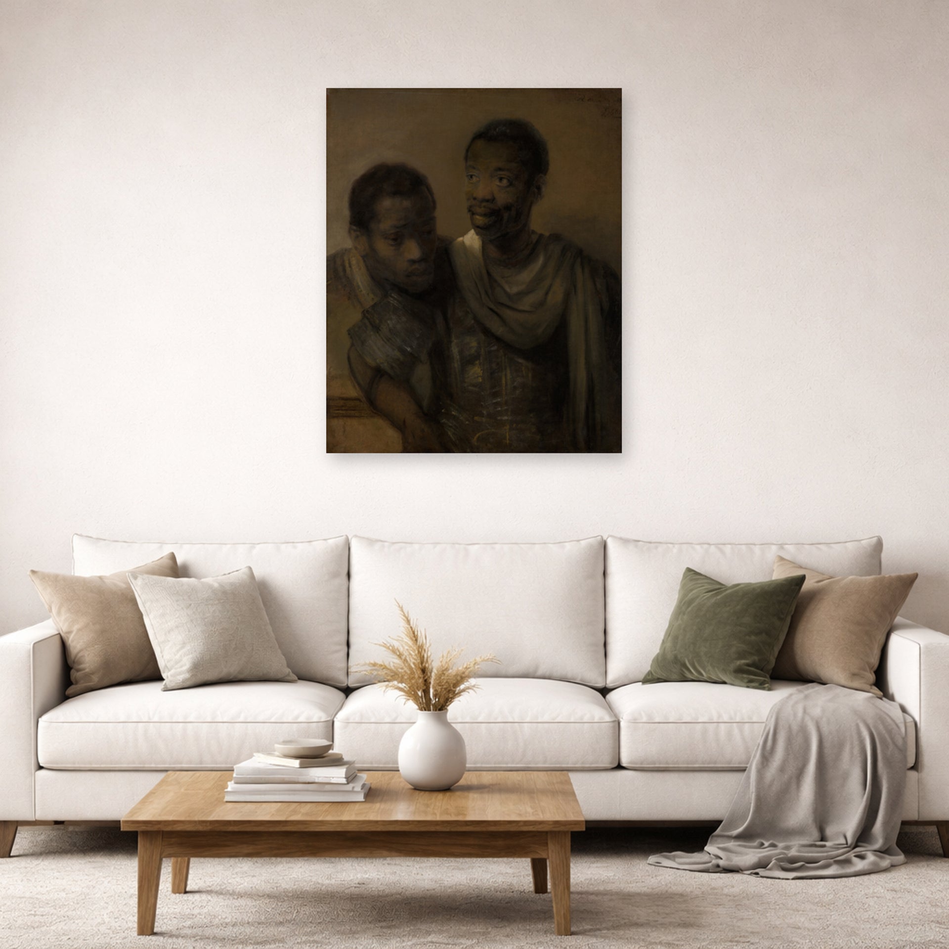 Unframed poster print of Rembrandt's Two Moors displayed on a wall in a living room