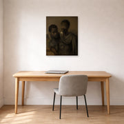 Unframed poster print of Rembrandt's Two Moors displayed on a wall in an office