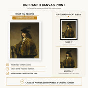 Rembrandt - Young Man with a Sword canvas print size comparison and framing display infographic