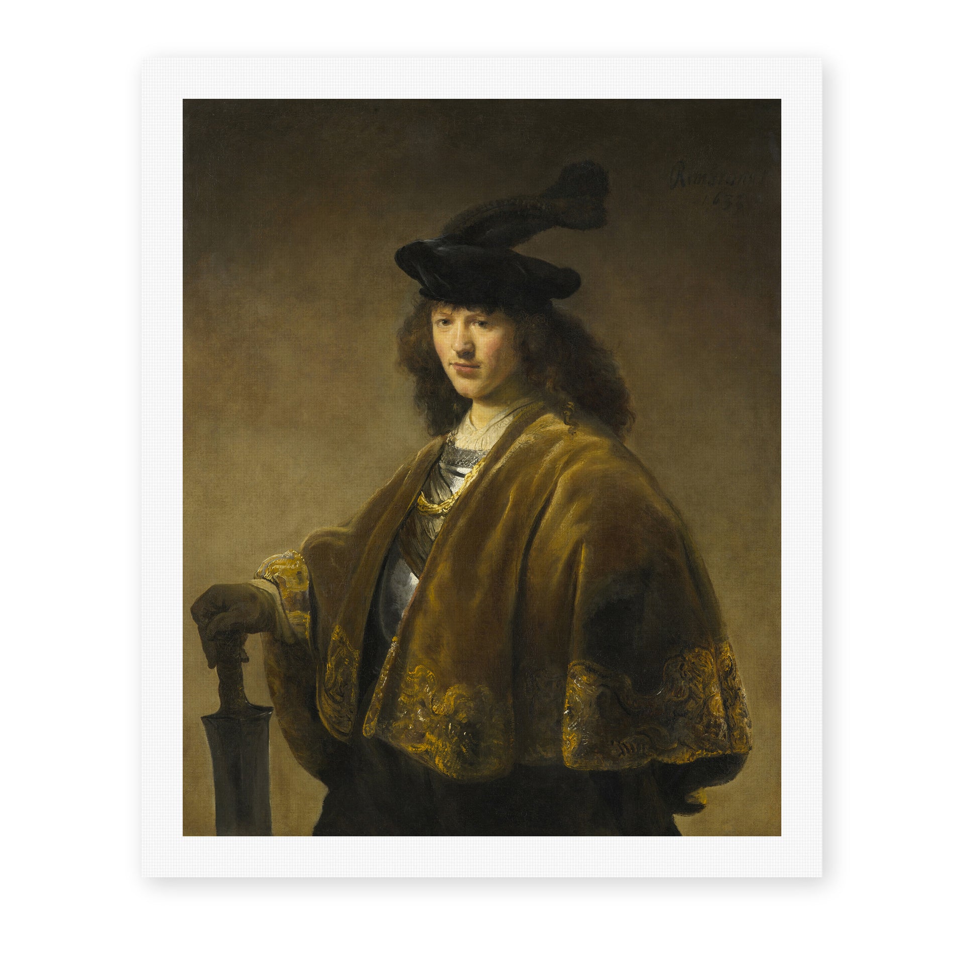 Rembrandt's 'Young Man with a Sword' painting reproduced as a rolled canvas print