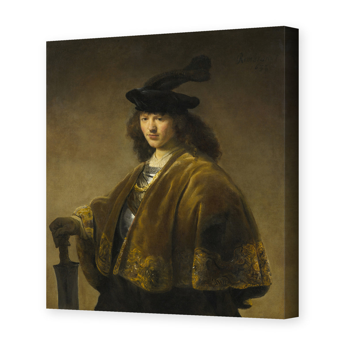 Rembrandt's 'Young Man with a Sword' painting reproduced as a gallery-wrapped canvas print