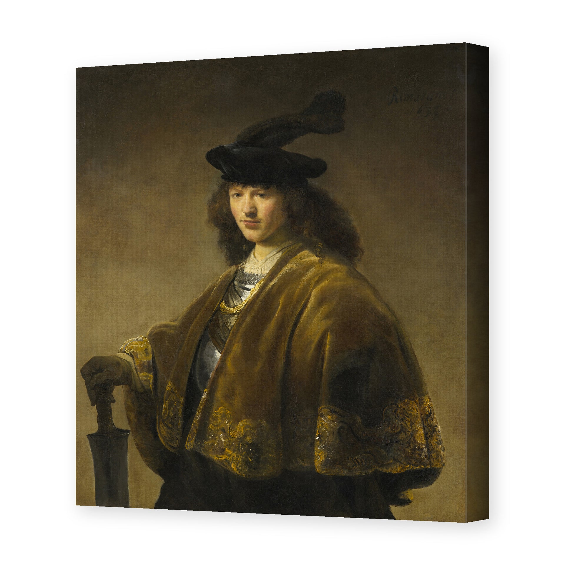 Rembrandt's 'Young Man with a Sword' painting reproduced as a gallery-wrapped canvas print