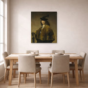 Gallery-wrapped canvas print of Rembrandt's Young Man with a Sword displayed on a wall in a dining room