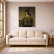 Gallery-wrapped canvas print of Rembrandt's Young Man with a Sword displayed on a wall in a living room