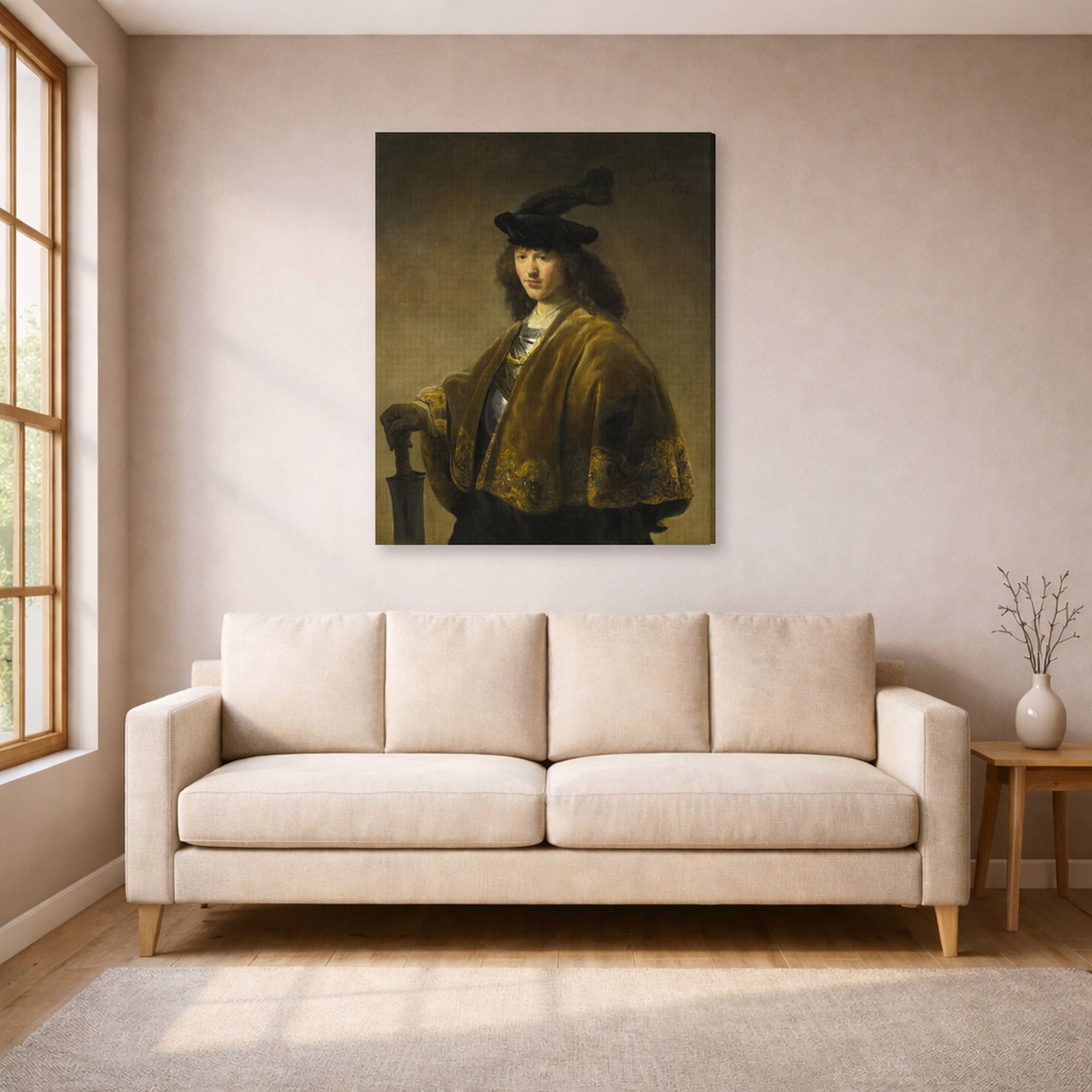 Gallery-wrapped canvas print of Rembrandt's Young Man with a Sword displayed on a wall in a living room
