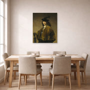 Unframed poster print of Rembrandt's Young Man with a Sword displayed on a wall in a dining room