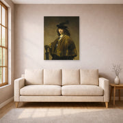 Unframed poster print of Rembrandt's Young Man with a Sword displayed on a wall in a living room