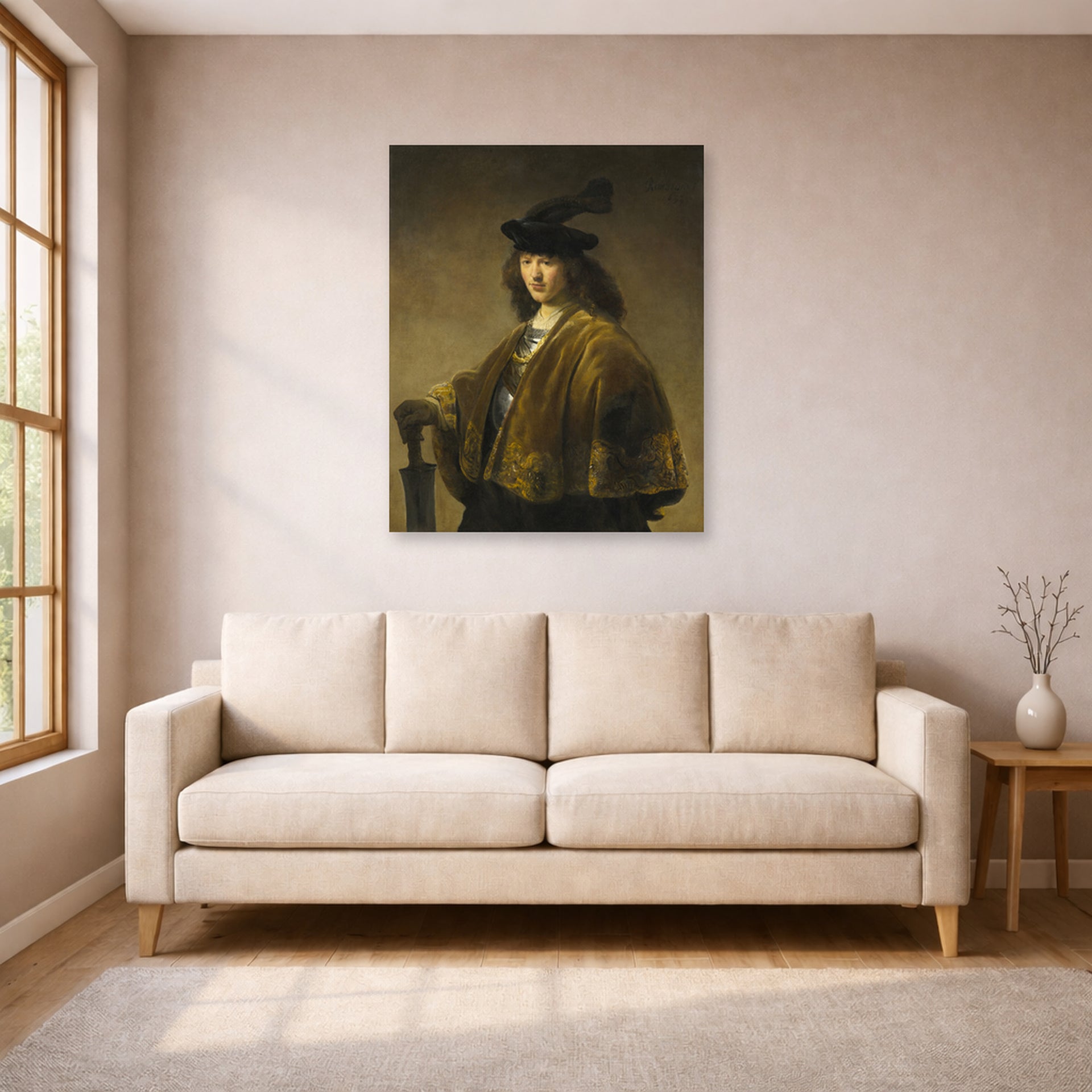 Unframed poster print of Rembrandt's Young Man with a Sword displayed on a wall in a living room