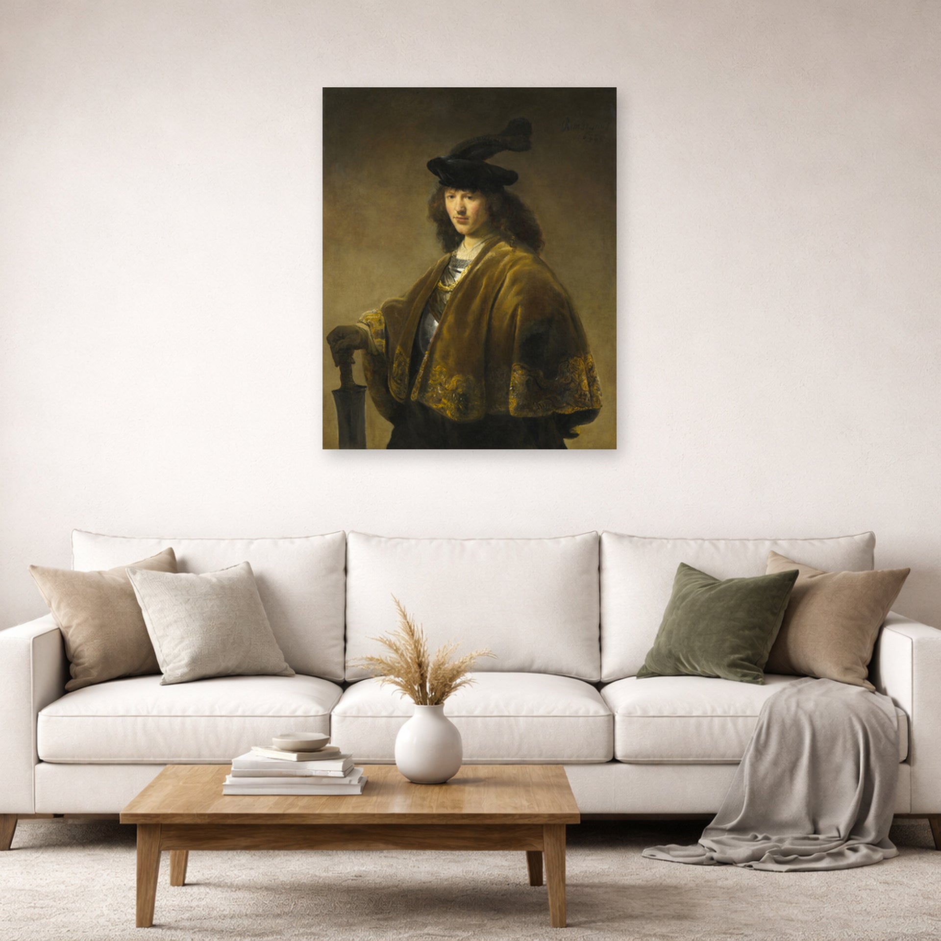 Unframed poster print of Rembrandt's Young Man with a Sword displayed on a wall in a living room
