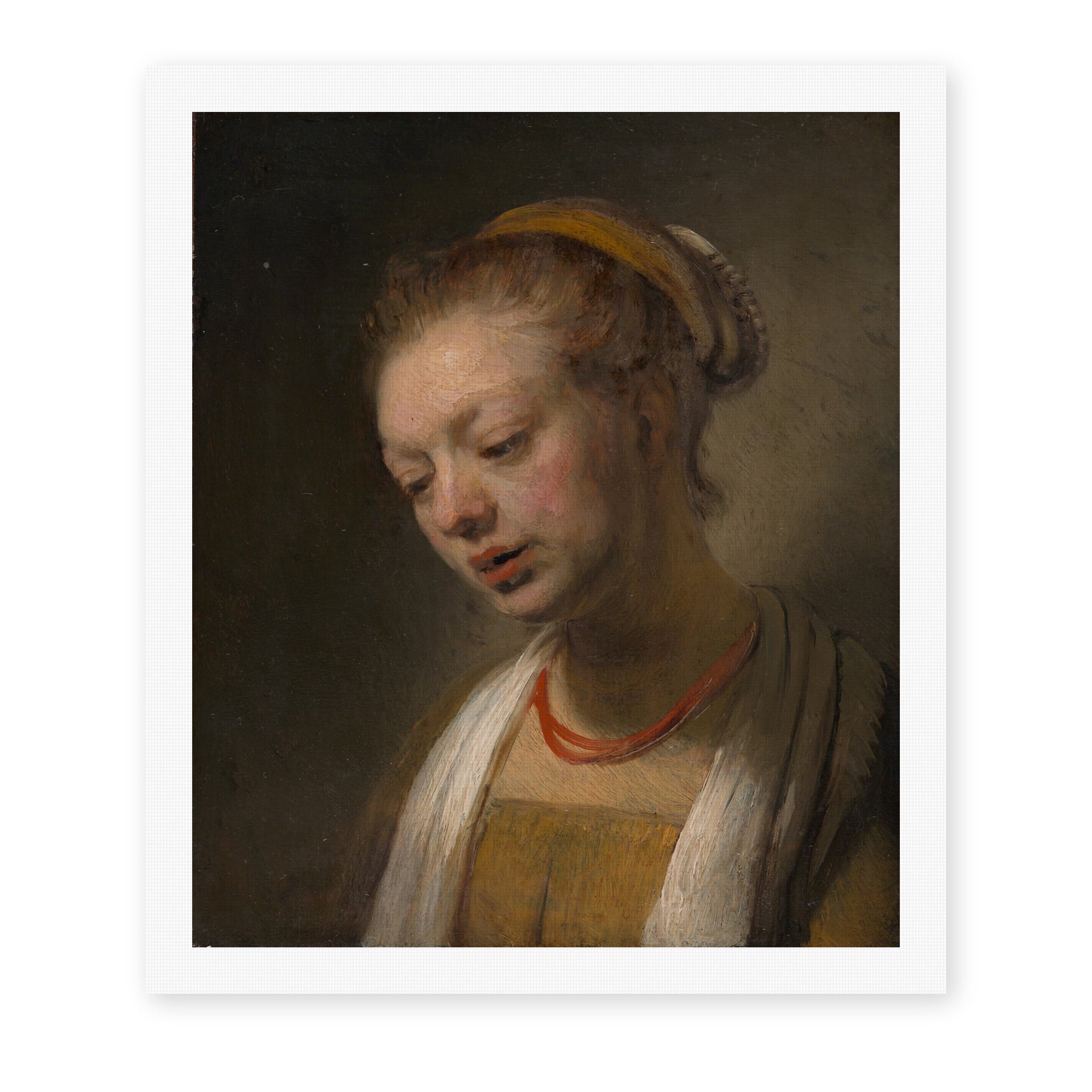 Rembrandt's 'Young Woman with a Red Necklace' painting reproduced as a rolled canvas print
